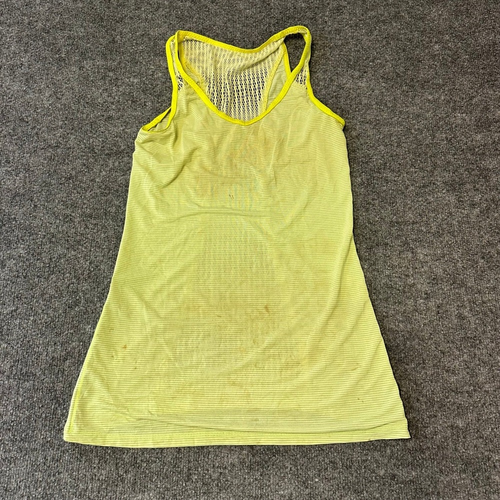 Lululemon Tank Top Womens Size 12 Lime Yellow Striped Mesh Back Active Stained